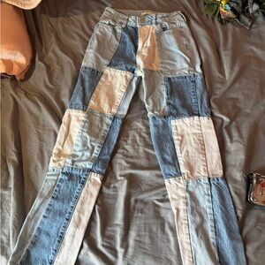 PacSun Patchwork Two-Tone Blue & White Flare Jeans